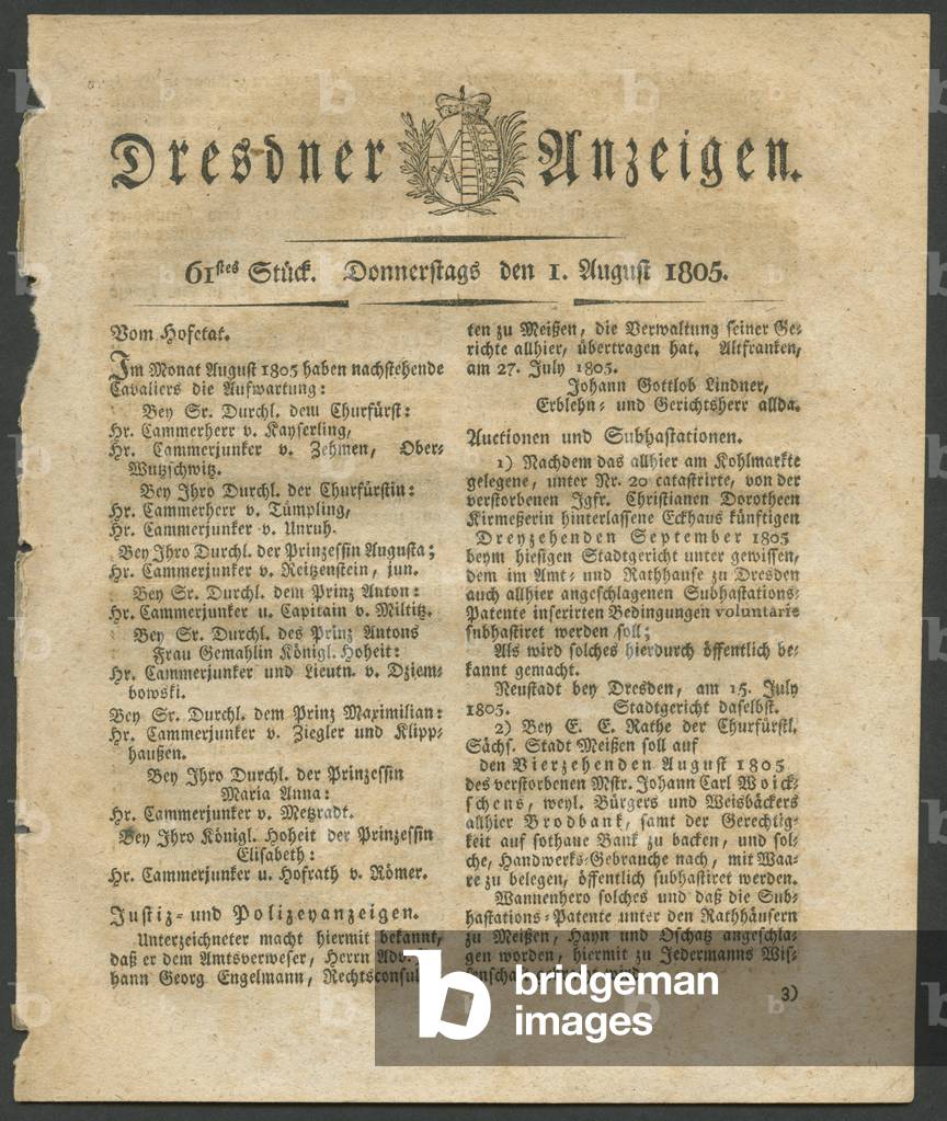 Germany, Saxony, Dresden, historical newspaper 