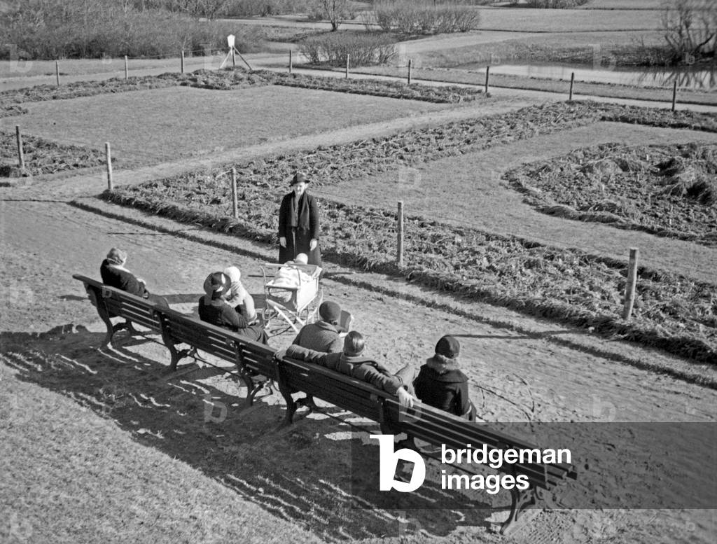 People resting at a bench at a rosery in Koenigsberg, East Prussia, 1930s (b/w photo)