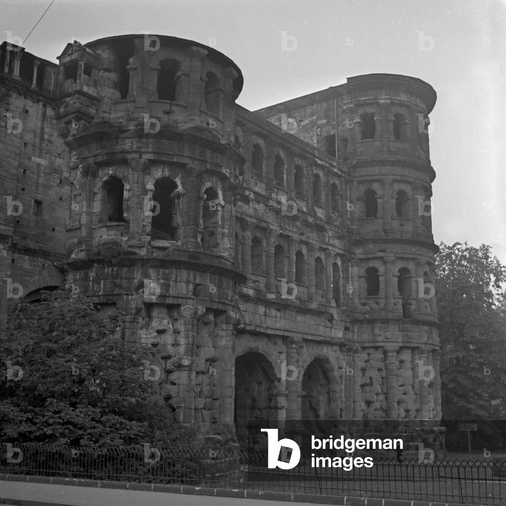 Outside the Portra Nigra gate at Trier, Germany 1930s (b/w photo)
