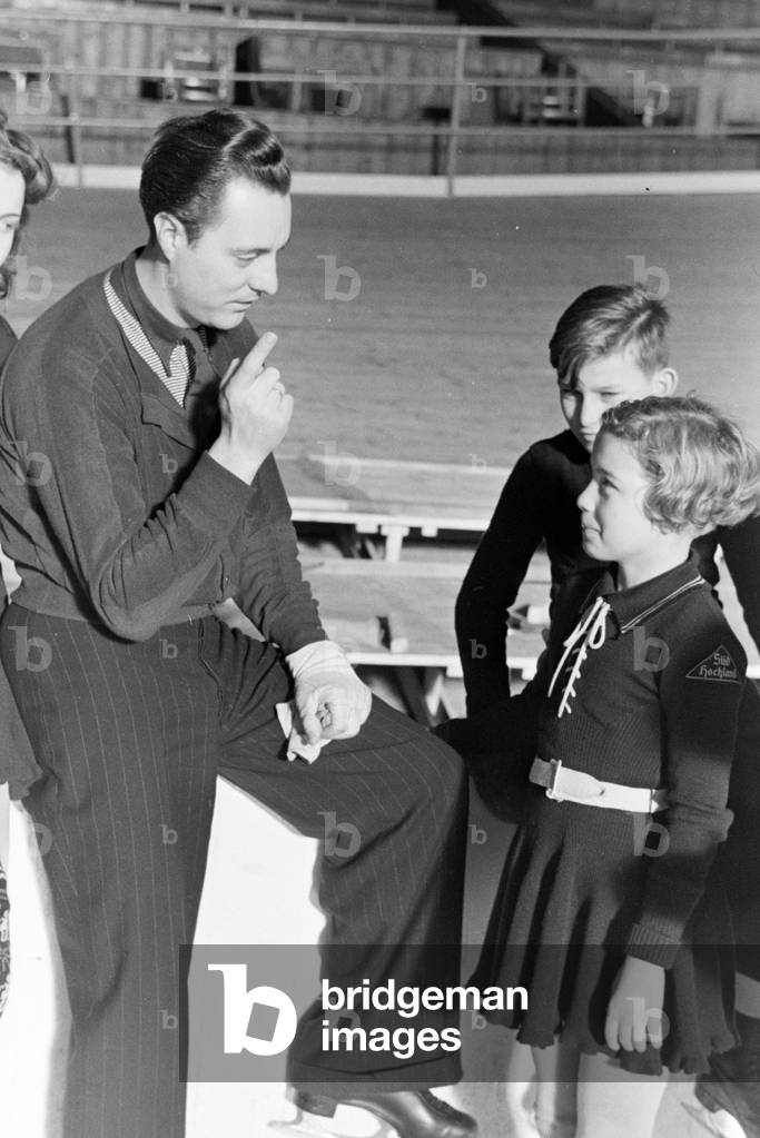 Portrait of the Austrian figureskater and Olympics champion Karl Sch/Sfer during an ice skating training of the Hitler Youth in Dortmund, Germany 1930s