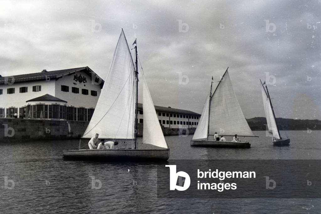 Sailing boats near the coast on the Chiemsee, Germany 1930s (b/w photo)