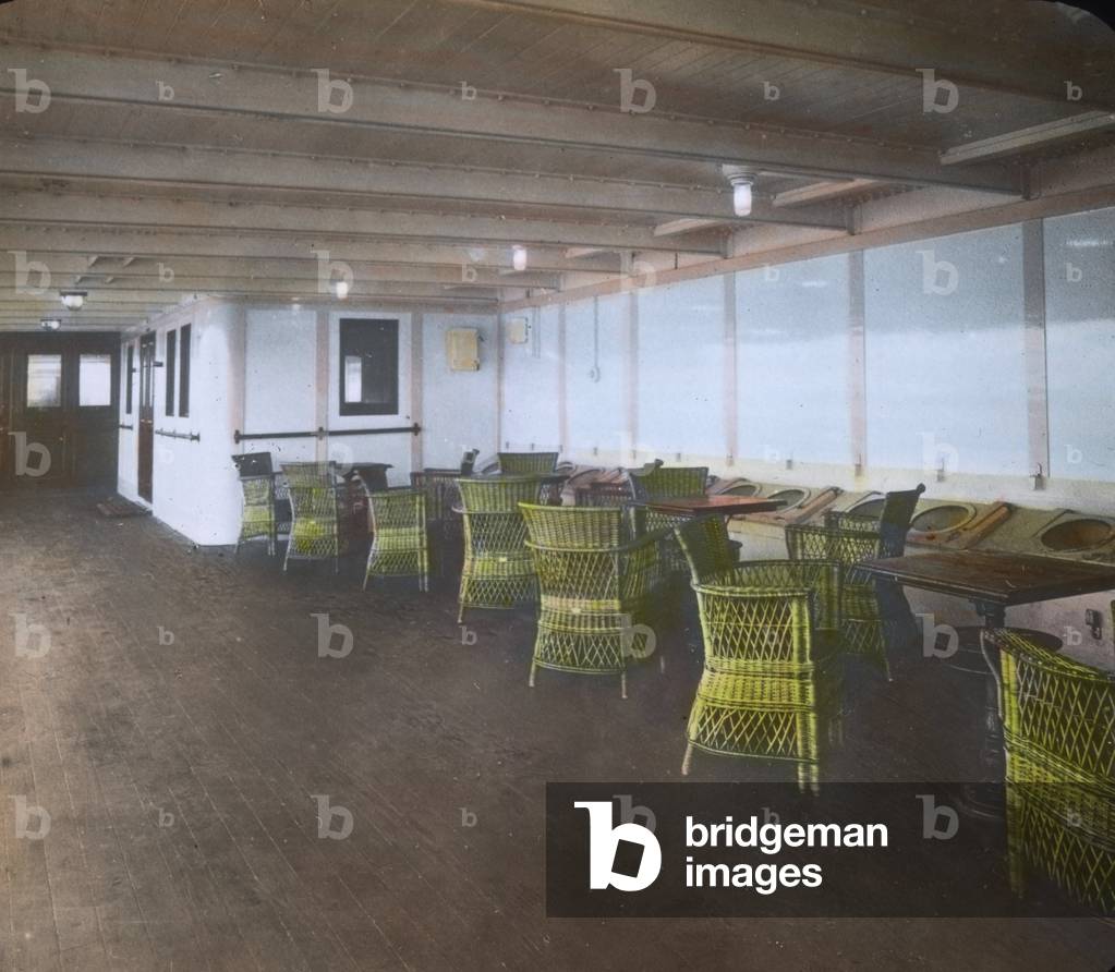 The maiden voyage of the Titanic - on board of the Titanic liner - between-deck with loom chairs. 10. April 1912. Carl Simon Archive