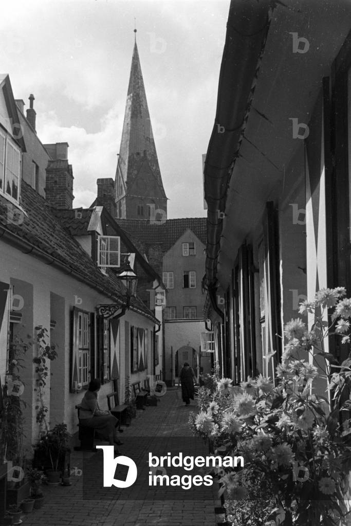 At the old city of Luebeck, Germany 1930s (b/w photo)