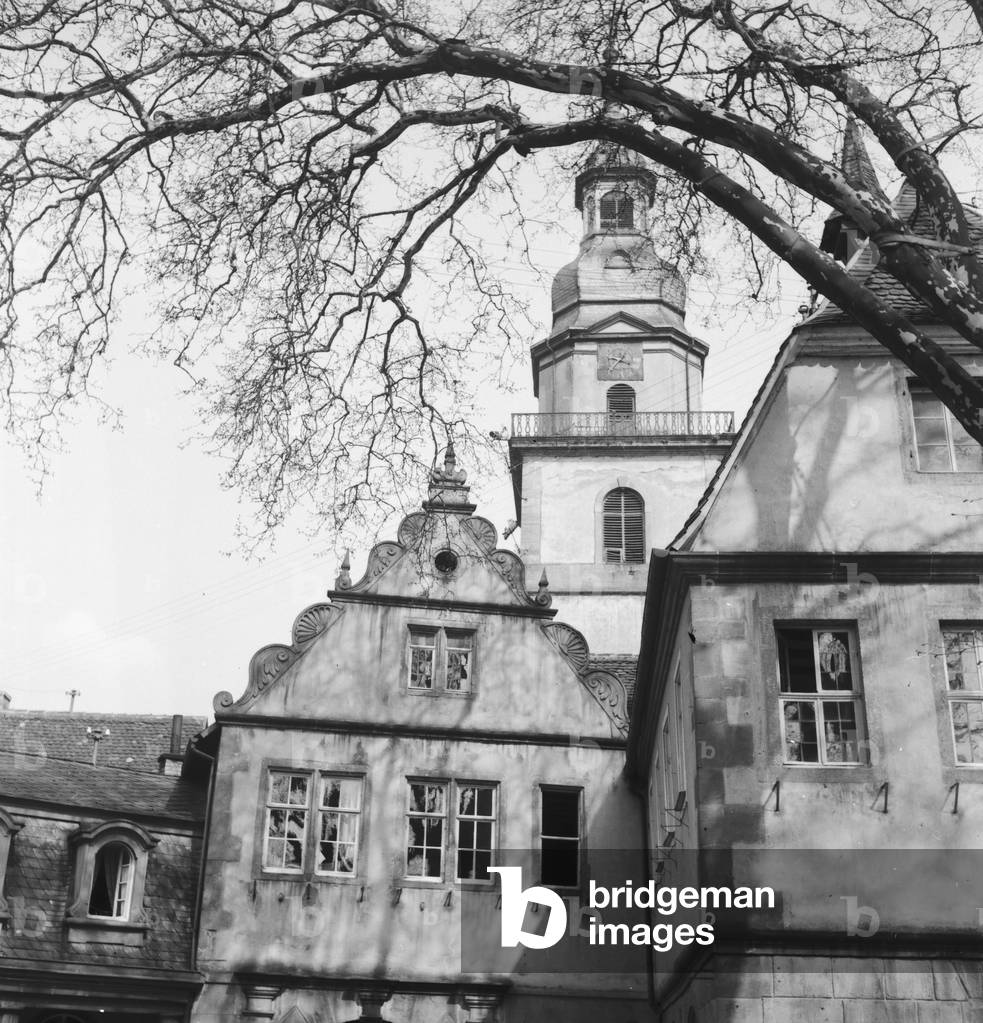 Half-timber house in the historic district, Germany 1930s (b/w photo)