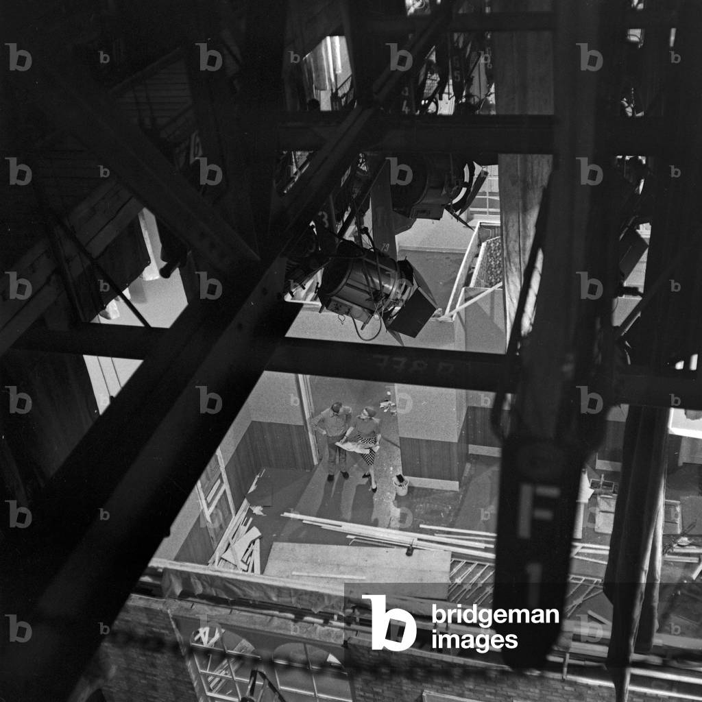 Steel girders and traversers for the mounting of spotlights at a studio of the Norddeutscher Rundfunk TV and radio station at Hamburg, Germany 1960s