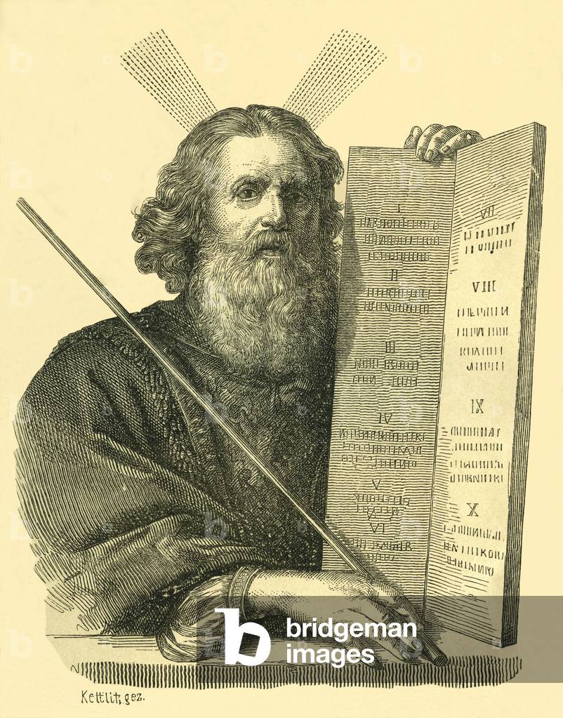 Moses, wood engraving after an painting by Philippe de Champagne, from : General history of the world for all people from the earliest times to 1870, by Dr. Karl von Rotteck, 8. edition looked through by Dr. Wilhelm Zimmermann, publishing house Rieger, Stuttgart, 1869