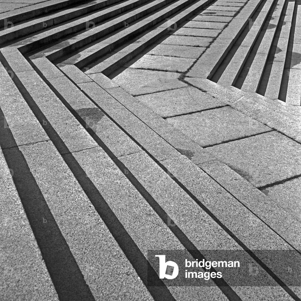 Stairs in the sunshine at the inner courtyard at the Tannenberg monument near Hohenstein in East Prussia, Germany 1930s (b/w photo)
