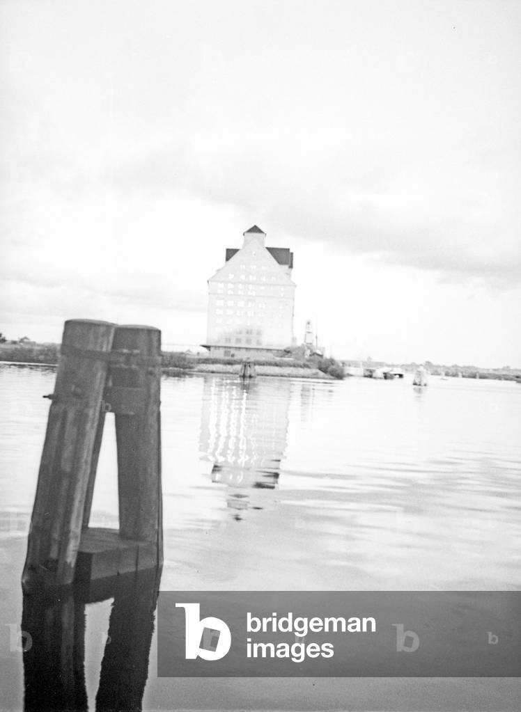 View to the old cereal magazine at Koenigsberg harbor, East Prussia 1930s (b/w photo)