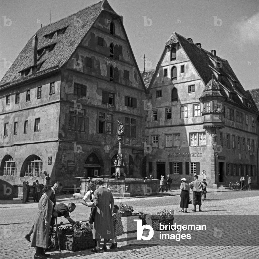Main market square with St Mary's chemistry at Rothenburg ob der Tauber, Germany 1930s (b/w photo)