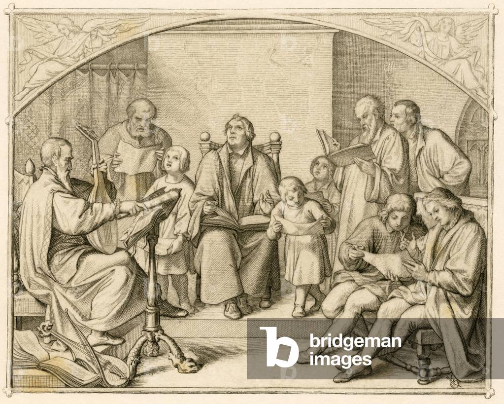 Luthers introduction of German protestant religious hyms together with his children and friends unter the conduction of Johannes Walther (1496-1570), 1850s (engraving)