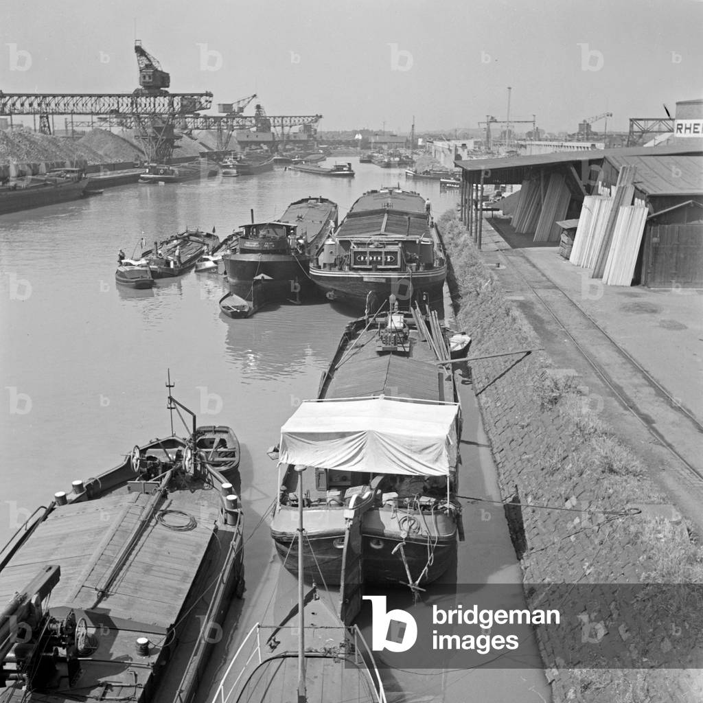 Ships at Dortmund harbor, Germany 1930s (b/w photo)
