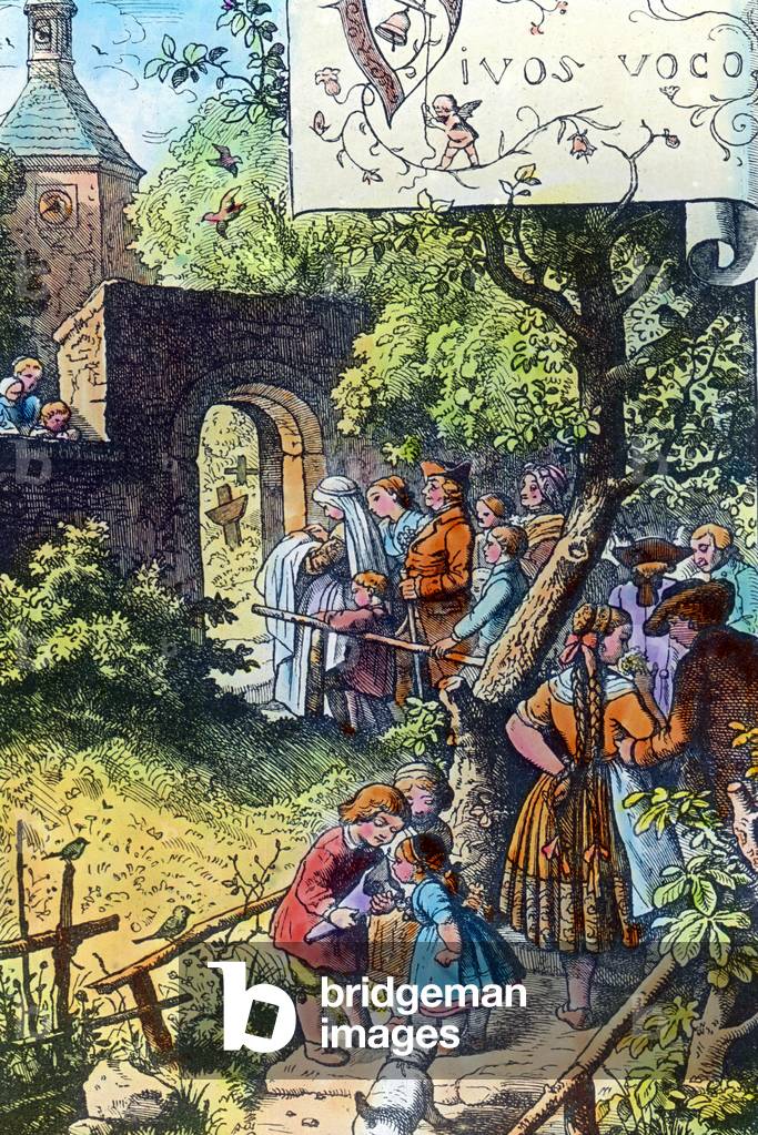 Engraving of family and friends bringing a baby to be baptized to church, Germany 1920s