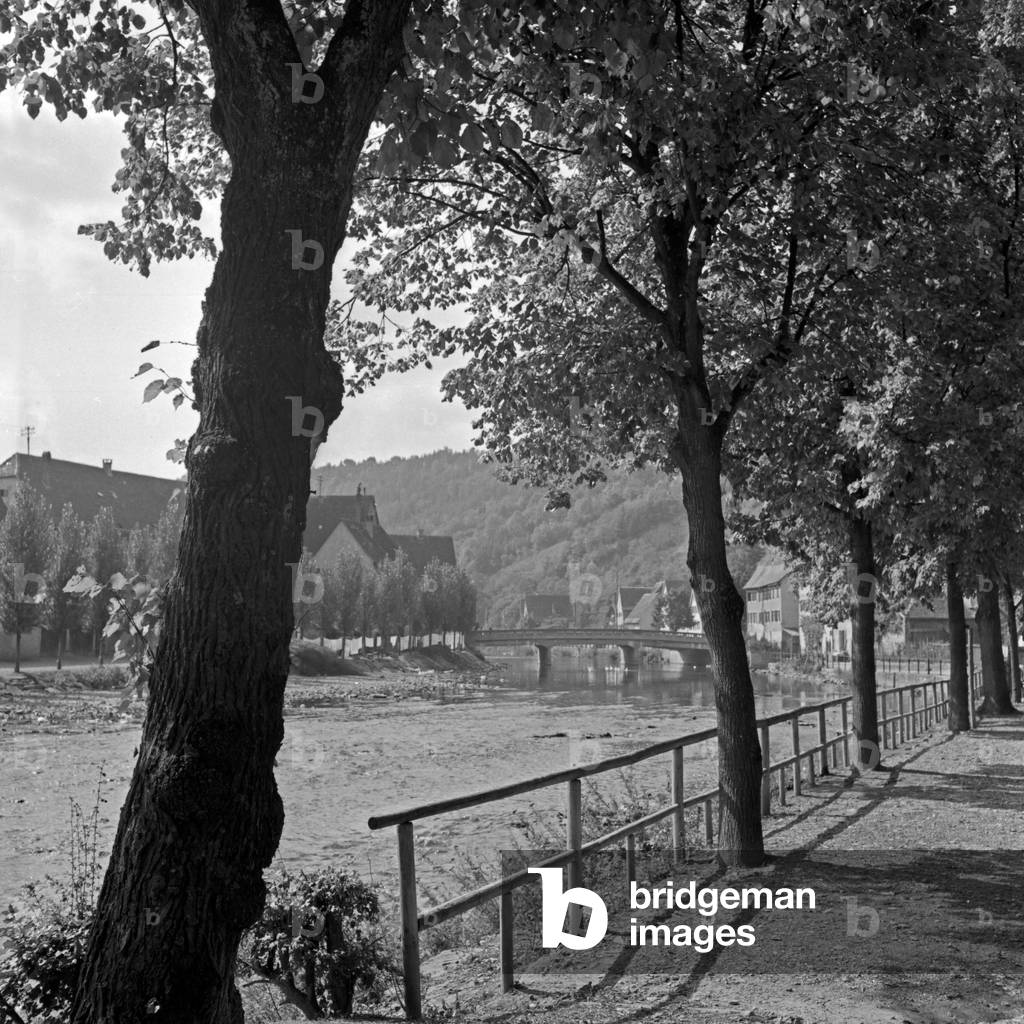 Impression from the shore of river Neckar at Sult, Germany 1930s (b/w photo)