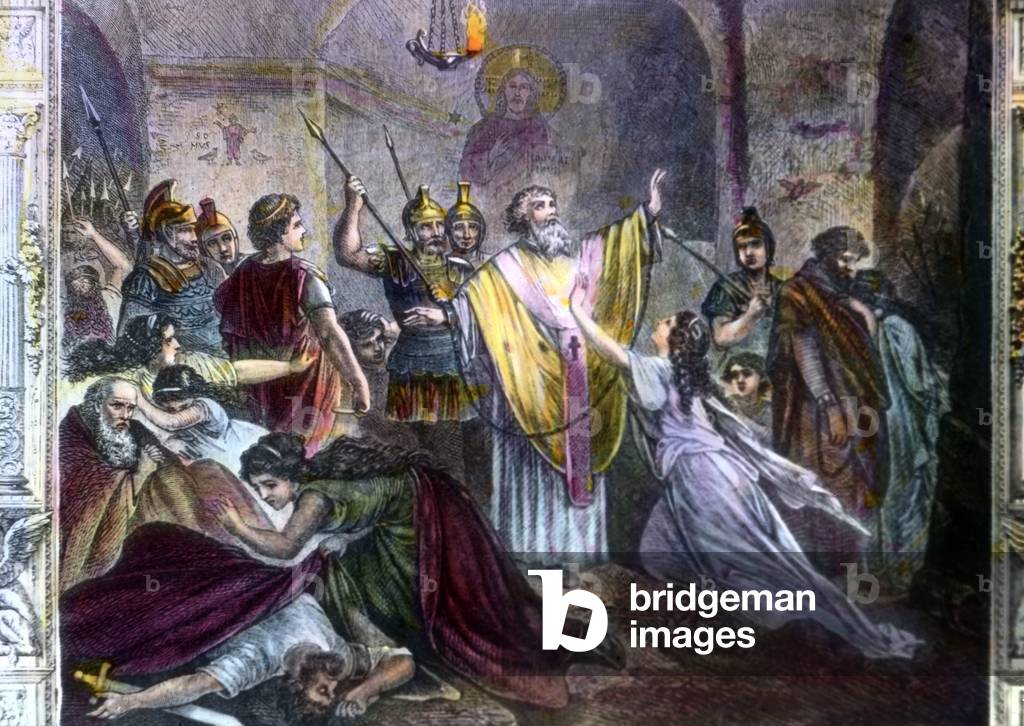 Pope Sixts II and other Christians are assaulted by Roman soldiers while a prayer service at the catacombs of Rome, Italy