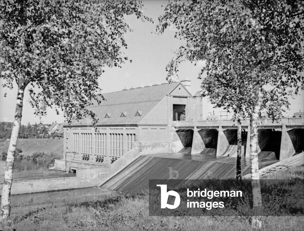 View to the powerhouse at river Alle near Friedland, East Prussia, 1930s (b/w photo)