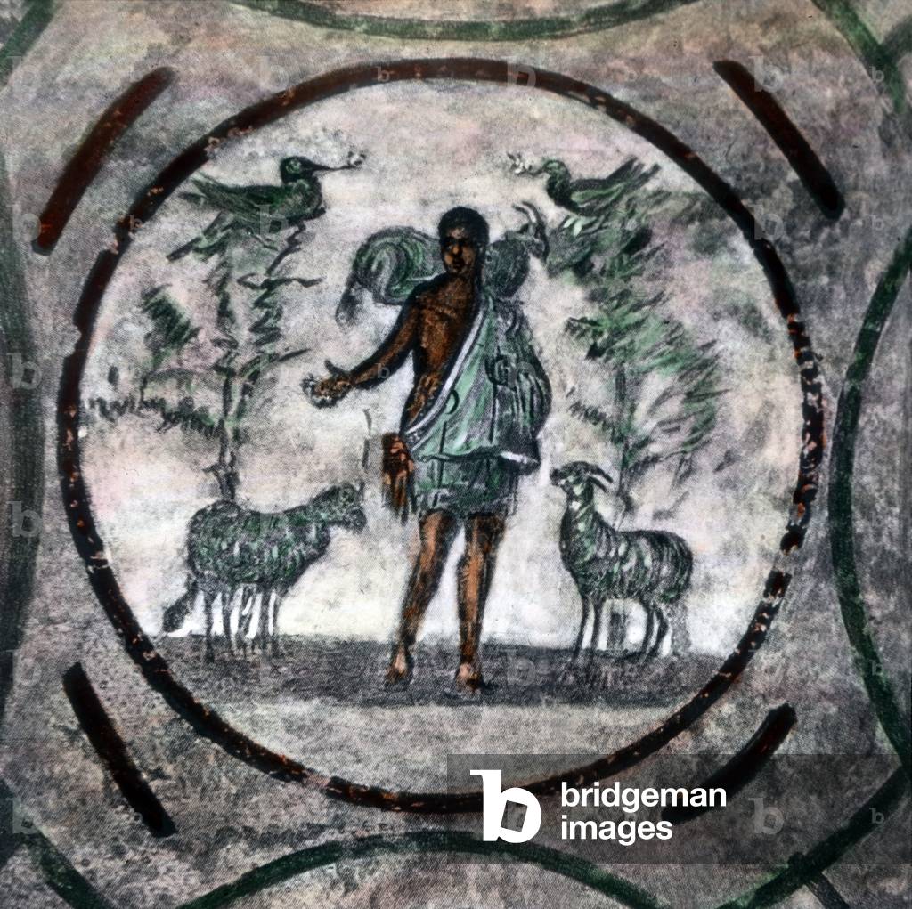 Ceiling painting depicting the good shepherd at the catacombs alongside the Via Appia at Rome, Italia