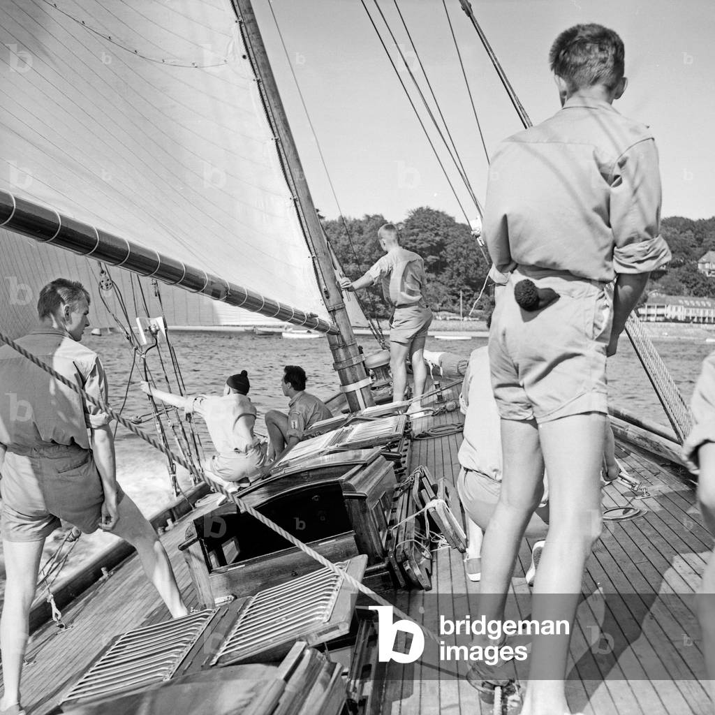 Pupils exercising at an educational ship of the navigation school Falkenstein at Hamburg Blankenese, Germany 1950s