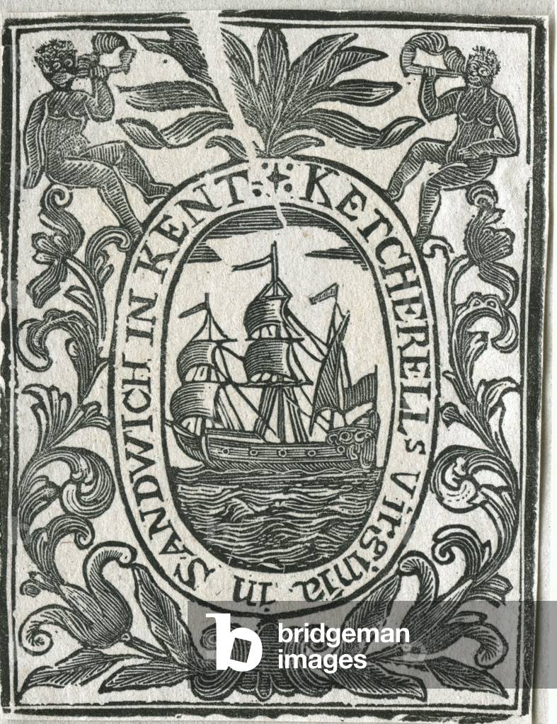 Tobacco label featuring sailing ship and leaf design (woodcut)
