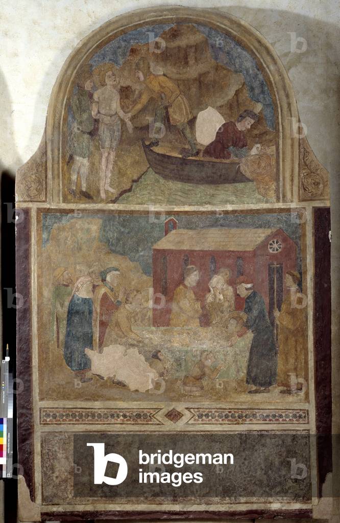 The martyrdom of Saint Juste of Trieste (San Giusto) in 303 It is jete to the sea, the death of Saint Juste downstairs. 13th century fresco. Apse of the Cathedral of San Giusto of Trieste