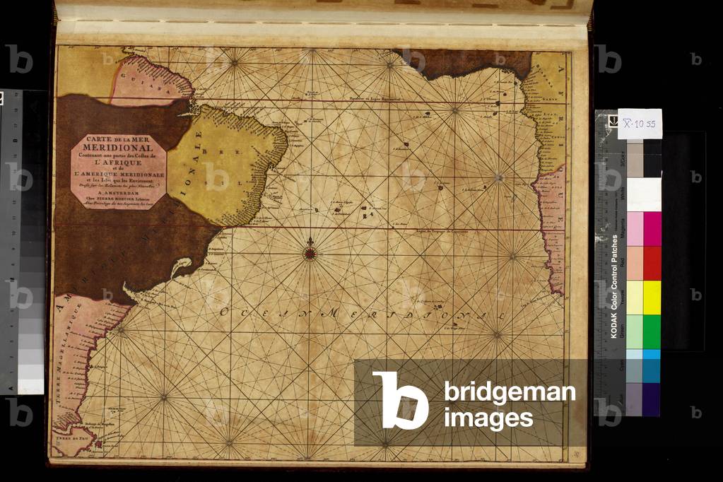 Geography map: representation of the Meridional Ocean (or southern Atlantic Ocean) with South American (Brazil) and West African coasts. Plate taken from an atlas by Pierre Mortier (1661-1711), beginning of the 18th century. Biblioteca Angelica, Rome