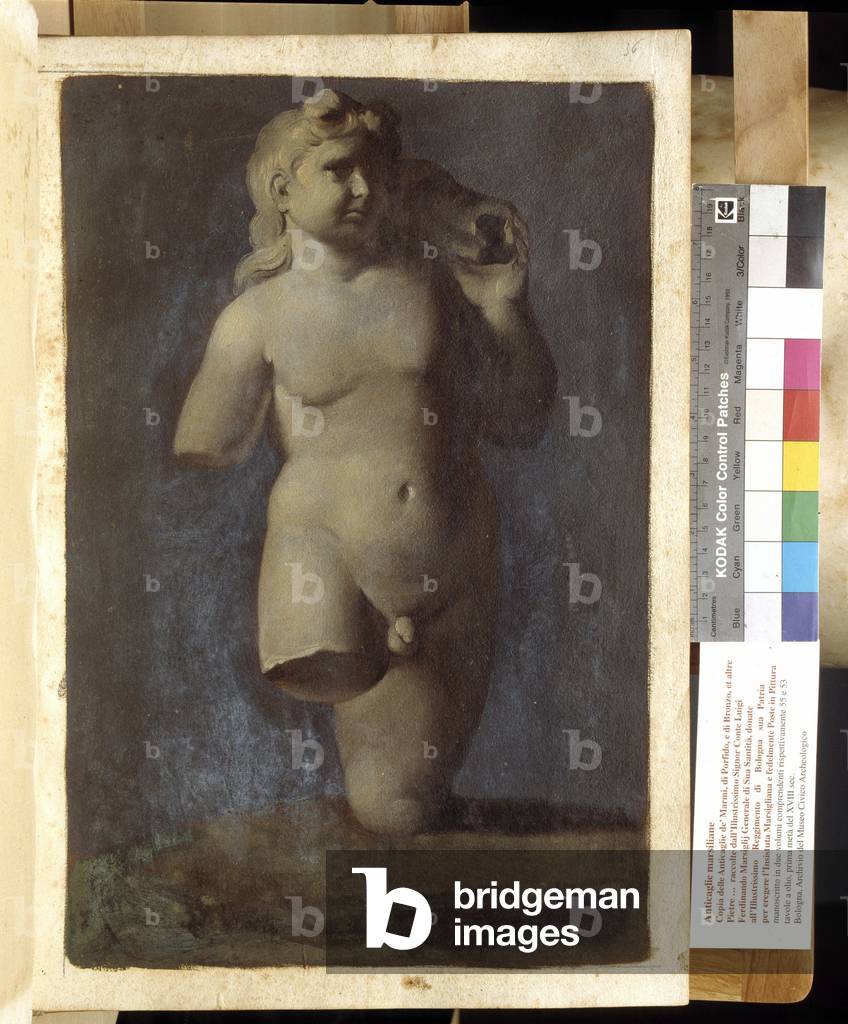 Copies of objects (statue of a young man) from the collection of Count Luigi Ferdinando Marsigli, a sheet from an 18th century manuscript, Archive of the Museo civico Archeologico de Bologna. Italy