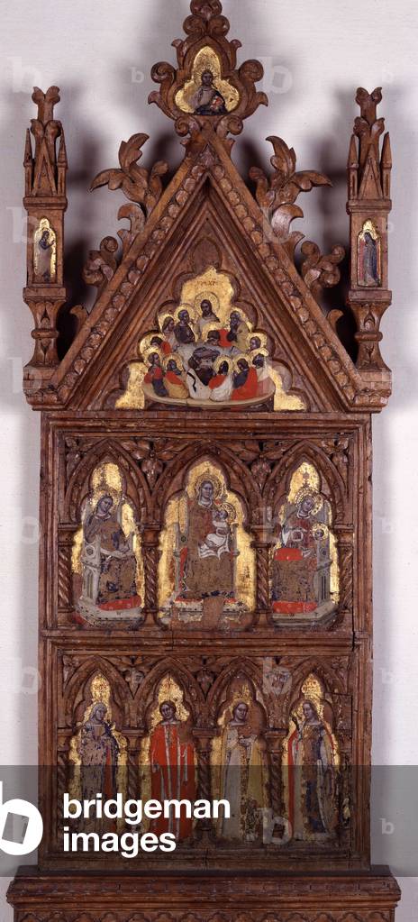 Portable polyptych shaped altar. Detrempe on wood by Tommaso da Modena (1326-1379). High: La Cene, middle: Virgin and Child Jesus, bottom: Saint Anastasia, Saint Lucia and Saint Catherine. Pinacoteca Nazionale, Bologna.