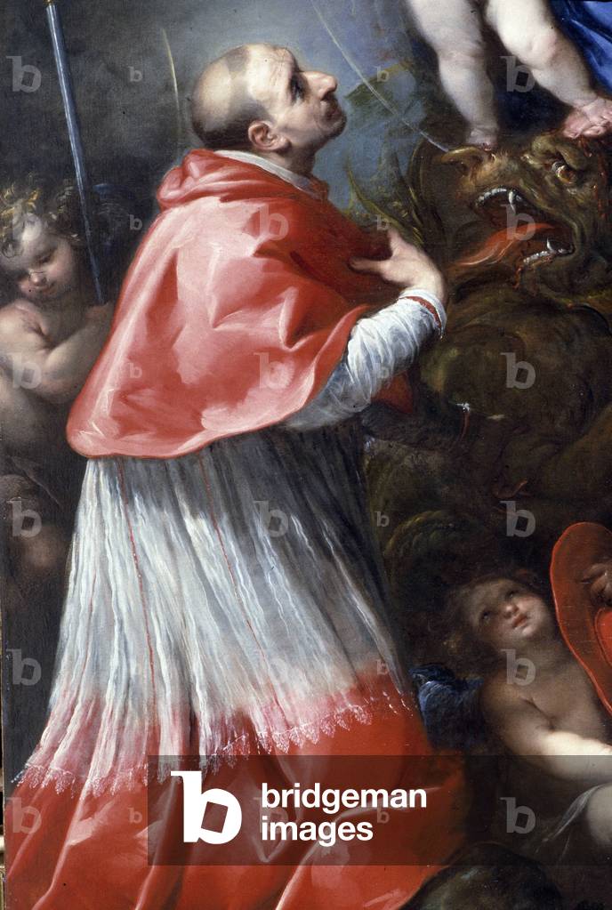 A saint: Detail of the painting “” Madonna with the Saints”” by Carlo Francesco Nuvolone (1609-1662), 17th century. Galleria Nazionale, Parma.