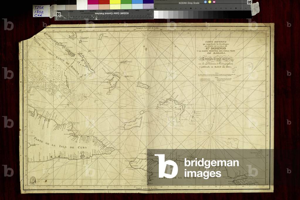 Geography Atlas: representation of the Bahamas islands, northern Hispaniola (Santo Domingo) and the Leewind Passage between Cuba and Hispaniola in the West Indies. Map from an atlas of 1802. Biblioteca Jose Marti, Havana, Cuba.