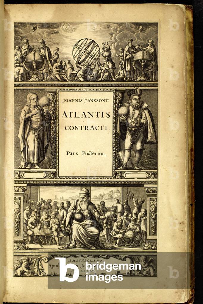 Geography Atlas: frontispiece of “Atlantis contracti” (Atlas) by geographer Johann Janssonius (or Jan Jansson) (1588-1664), 1666. Biblioteca Jose Marti, Havana, Cuba.