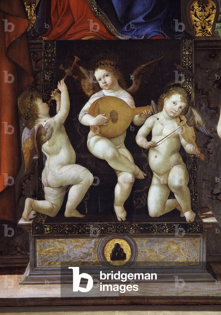 982 2 Madonna on the throne between Saint Jerome and Saint Sebastian. Detail representing the musical angels. Painting by Francesco de (Il Frari) Bianchi-Ferrari (1457-1510), 16th century. Chiesa di San Pietro, Modena.