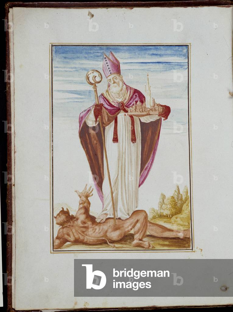 Portrait of San Geminiano (Saint Geminianus). Page of the Laureat diploma by L. Tartaglione, 1604, 17th century. Biblioteca Estense. Modene.
