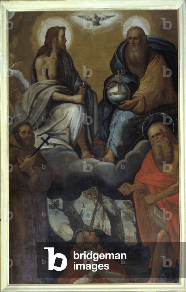 The Holy Trinity and Saint Francois of Assisi, Saint Jordan of Saxony (died 1237) and Saint Charles Borromee (Carlo Borromeo)”” Painting by Jacopo Borbone. The beginning of the 17th century. Church of San Quirino e Michele Arcangelo, Correggio
