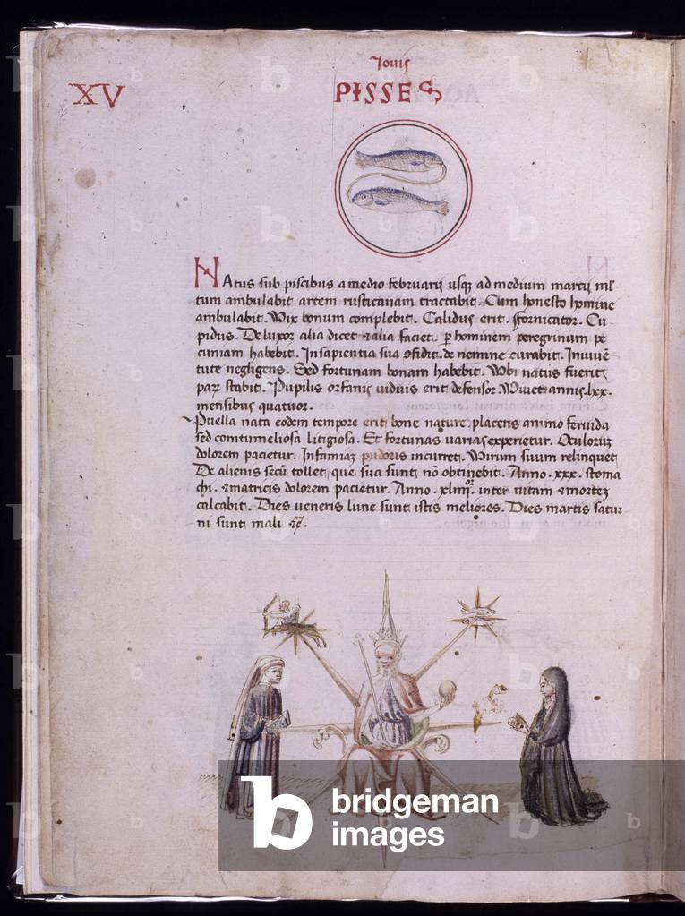 Astrology: representation of the sign of the fish. Page of the manuscript Physiognomia (Liber physiognomiae) (ms. 697) by Michael Scotus (or Scot) (1170-1236). Biblioteca estense, Modene, Italy.