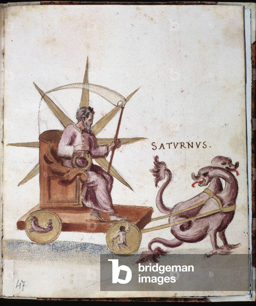 Astrology: representation of Saturn on a tank. Manuscript page of the Campori background. Biblioteca estense, Modene, Italy.