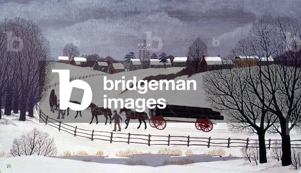 Horses drawing timber in a snowy landscape