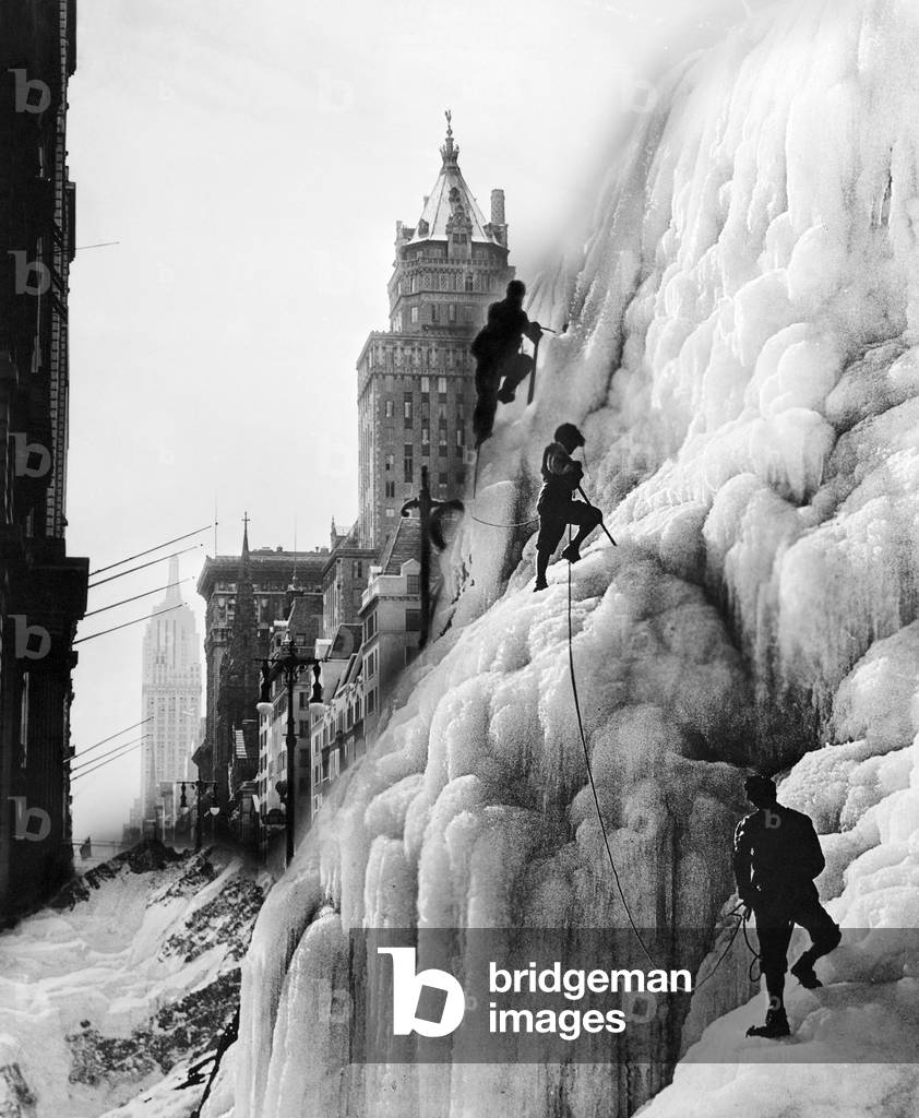 Climbers on Glacier with Skyscrapers in Background
