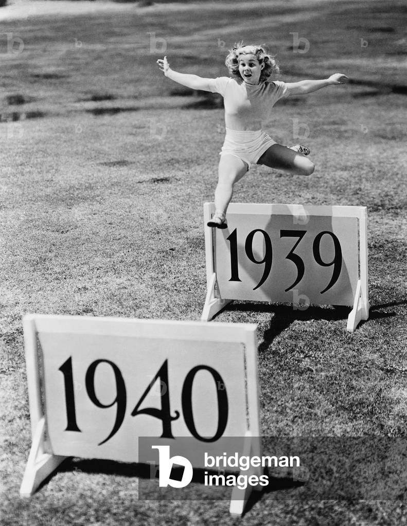 Woman Jumping Hurdles Labeled with Years