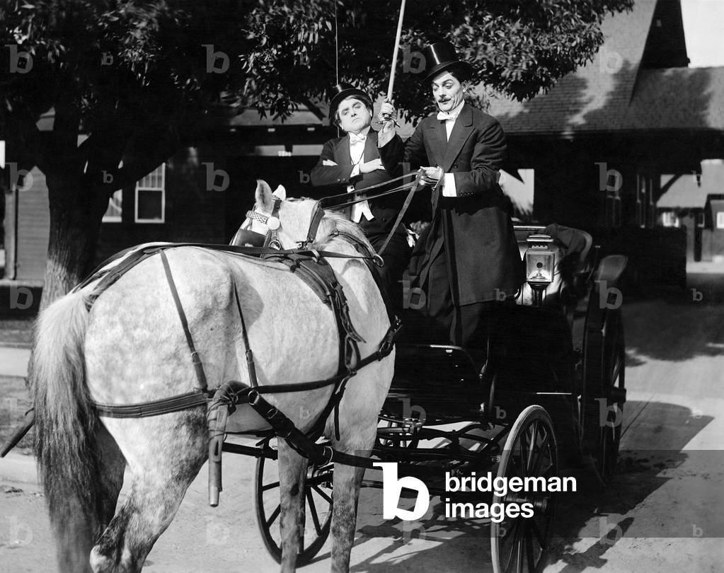Gentlemen Driving Carriage with Horse Hitched Backwards