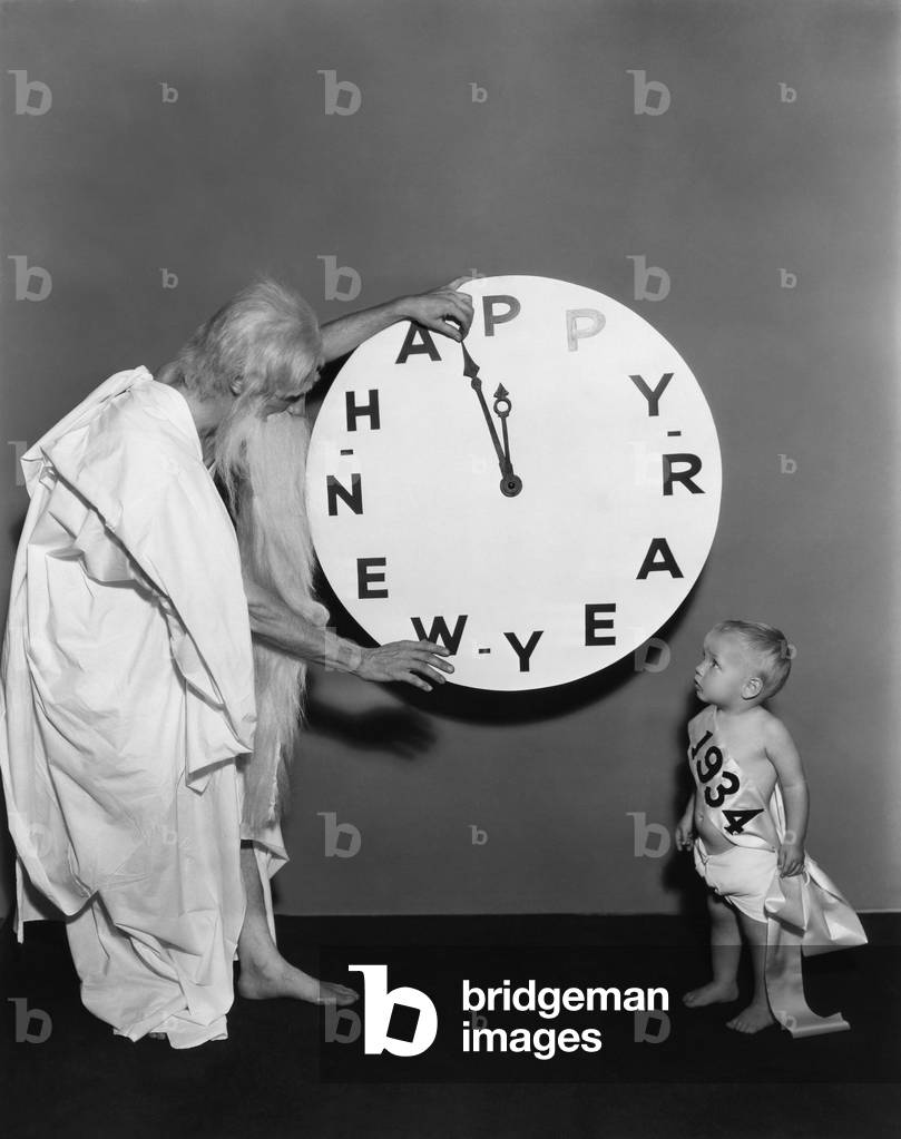 Father time speeds up the New Year, 1933 (b/w photo)