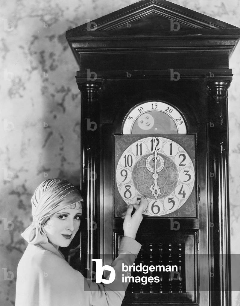 Woman with Grandfather Clock at Midnight