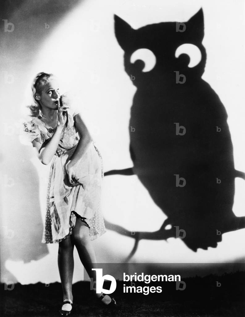 Young Woman Looking at a Shadow of an Owl with her Finger on her Lips