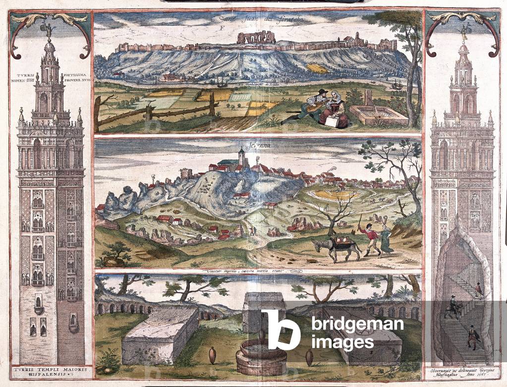 Seviglia - Gerena (the Giralda of Sevilla) - 5 views of San Juan on Guadalquivir, 3 roman tombs & tower at side , in 'Civitates Orbis Terrarum' by Georg Braun, Cologne 1617