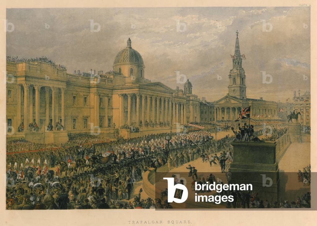 Trafalgar Square, 1863 (colour litho)