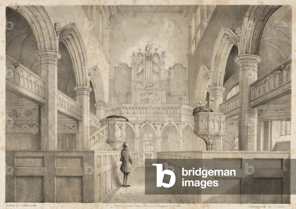 The Interior of St. Peter's, Wolverhampton, engraved by I. Shaw, 1848 (litho)