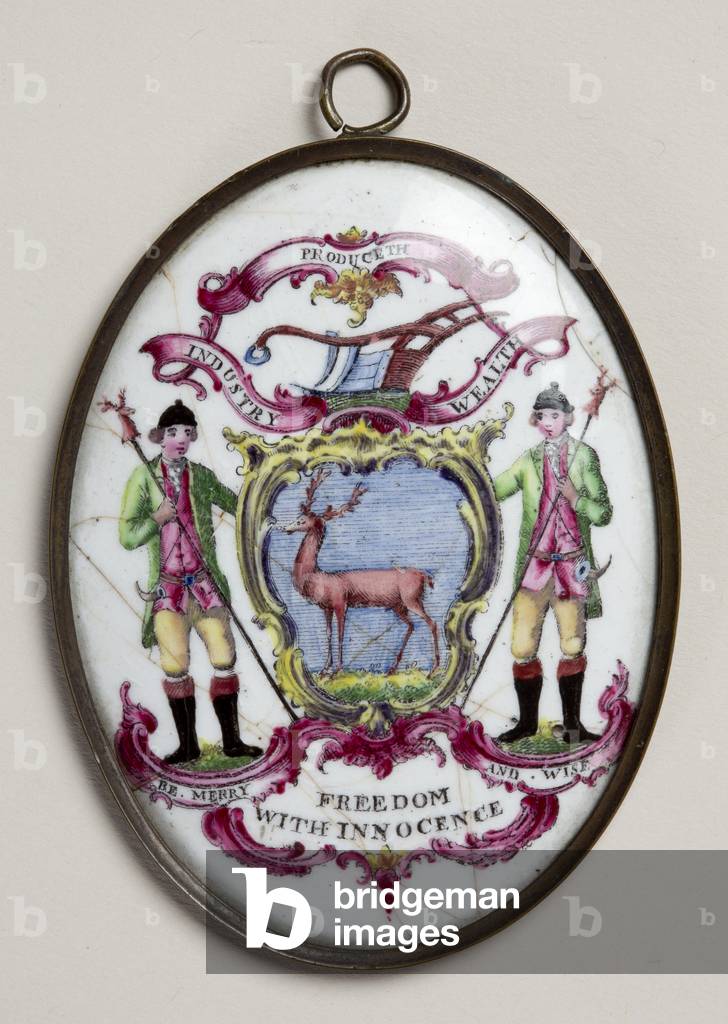 Oval medallion for the Society of Bucks, showing two foresters supporting a shield painted with a stag (enamel)