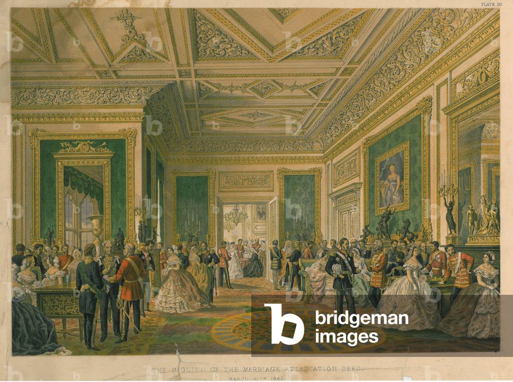The Signing of the Marriage Attestation Deed, 1863 (colour litho)