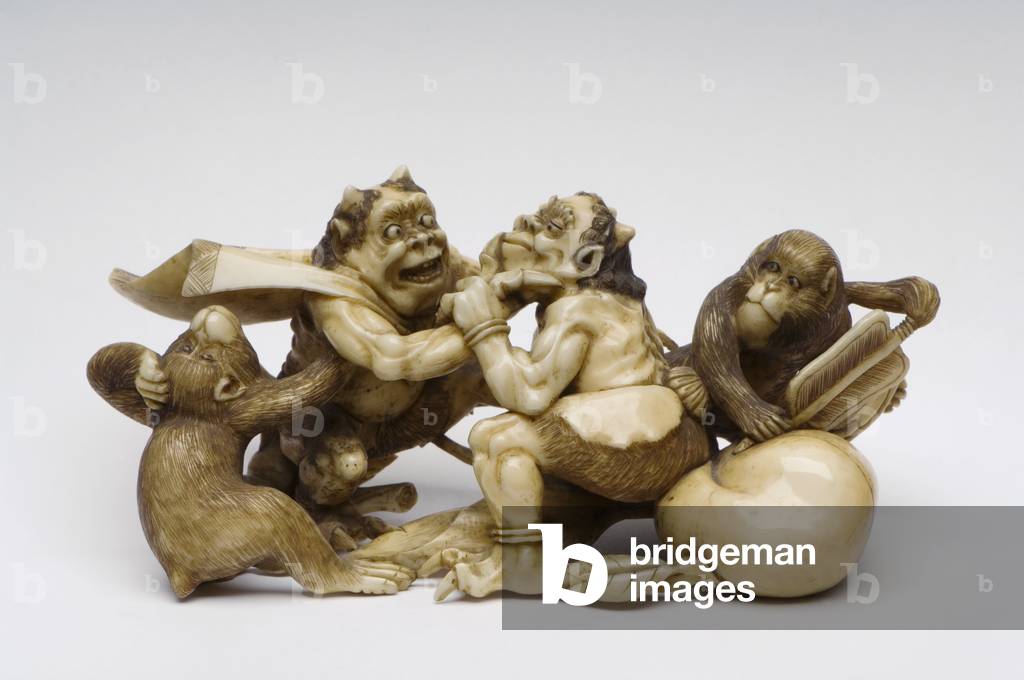 Okimono of two demons fighting, watched by two monkeys (ivory) 