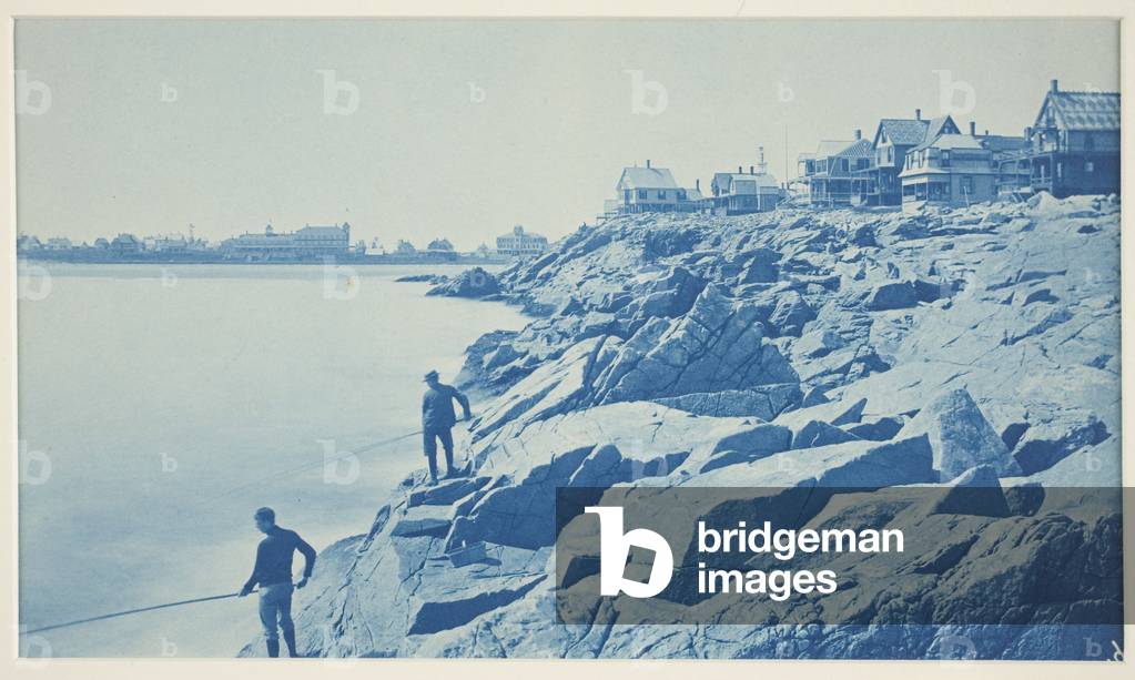 Two Men Fishing from Rocks at Seaside Resort, 1890s (cyanotype)