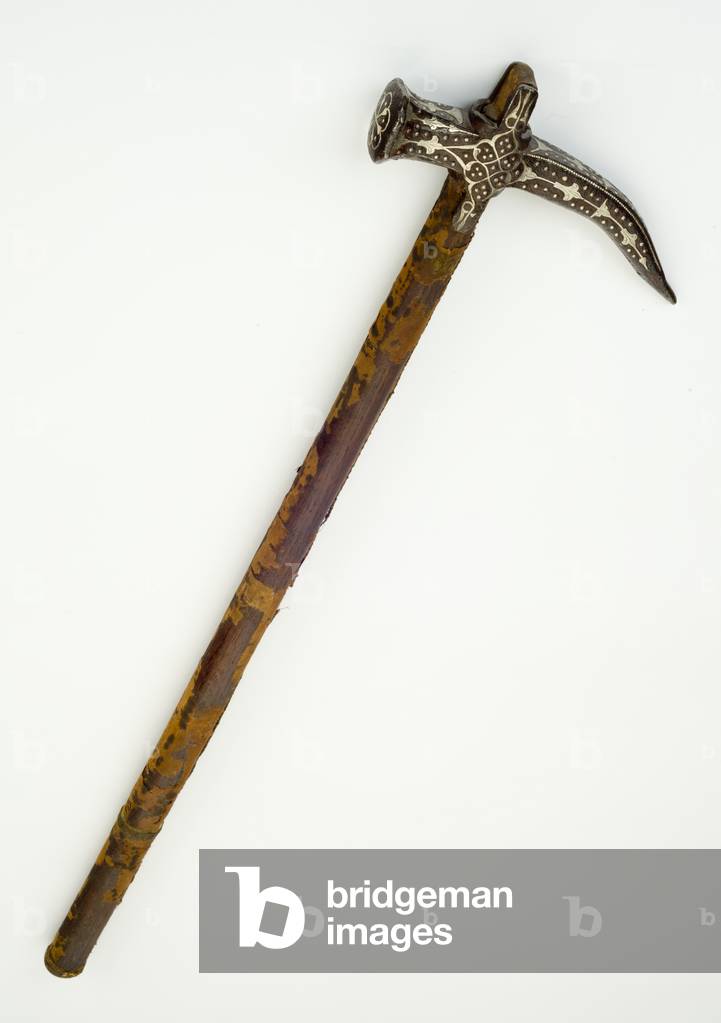 War Hammer, c.1680 (iron & wood with silver wire & textiles)