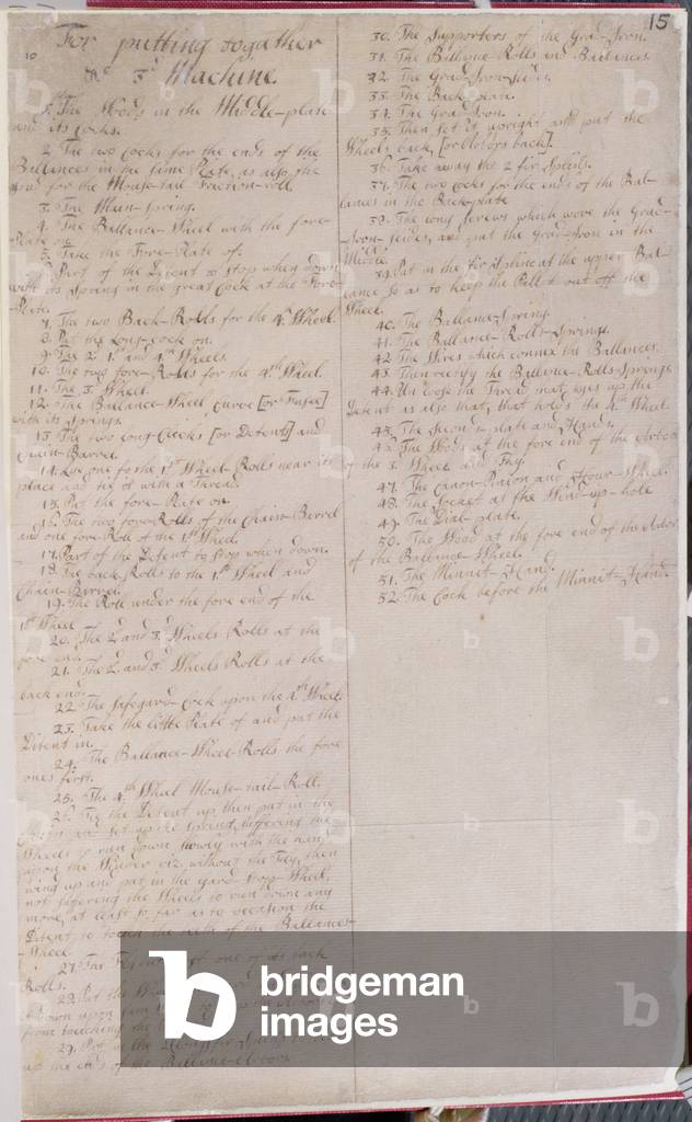 Page of instructions written by John Harrison (1693-1776) for the assembly of his H3 timekeeper, c.1749 (pen & ink on paper)